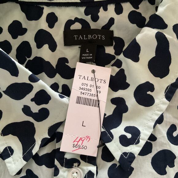 Talbots Sz L Mint Green & Navy Graphic Cheetah Classic Cotton Button Up Shirt - Picture 6 of 10
